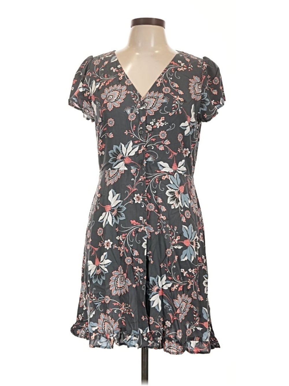 LOFT Charcoal Floral V-Neck Short Sleeve Mini Dress